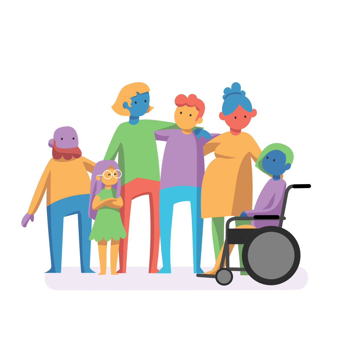 Imagen de un grupo de personas reunidas. Un hombre bajito con barba, una niña con gafas, una persona azul con pelo rubio, un hombre pelirrojo, una mujer embarazada y una mujer en una silla de ruedas.