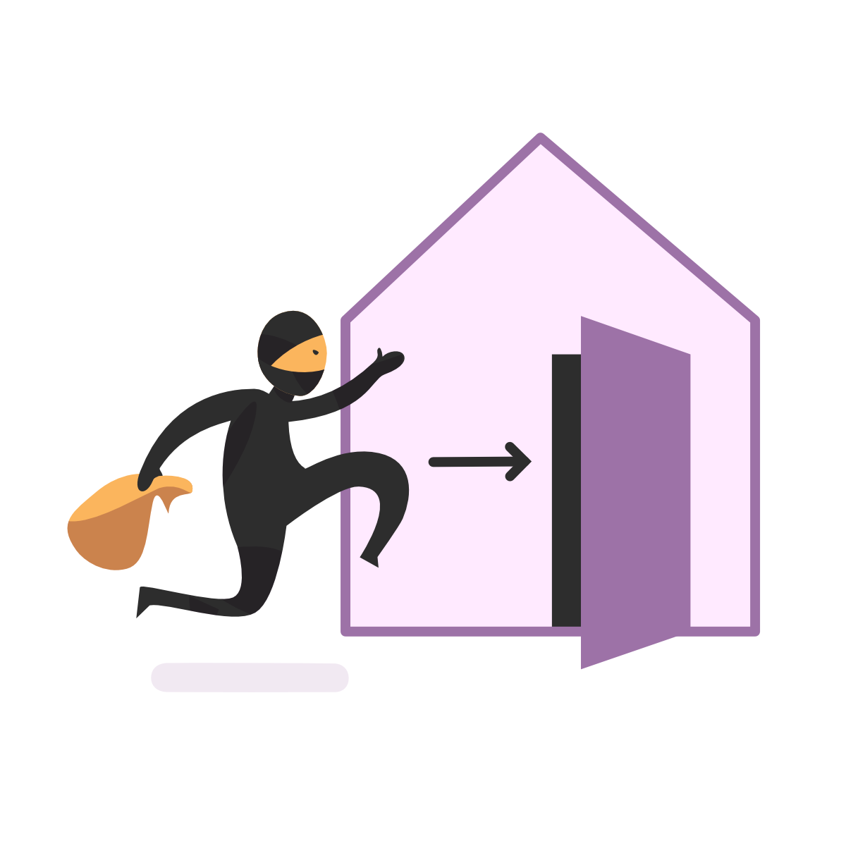 Imagen de una persona que quiere entrar en una casa sigilosamente. Va vestida íntegramente de negro, con el pelo y la cara tapados y lleva un saco en la mano.
