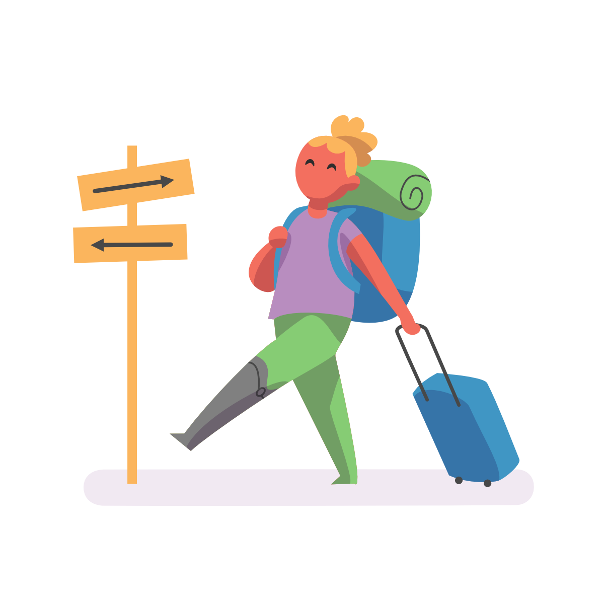 Dibujo de una mujer con mochila y maleta caminando tranquilamente al lado de una señal con dos flechas que señalan a derecha e izquierda.