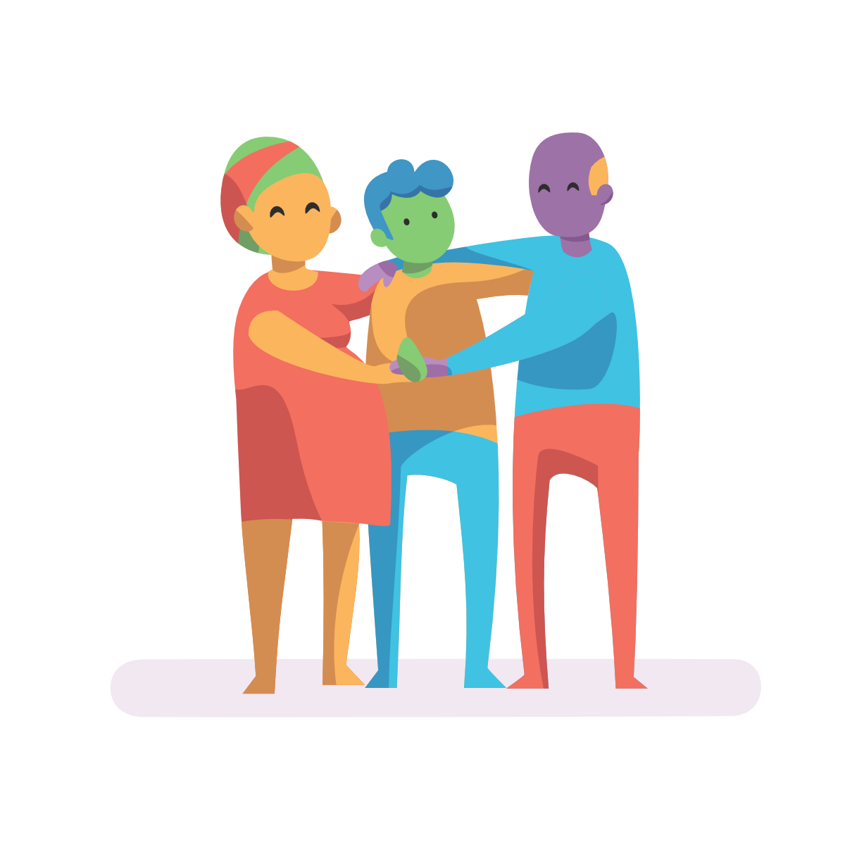 Ilustración de tres personas con los brazos sobre los hombros de las otras y dándose la mano. Son una mujer embarazada y dos hombres.