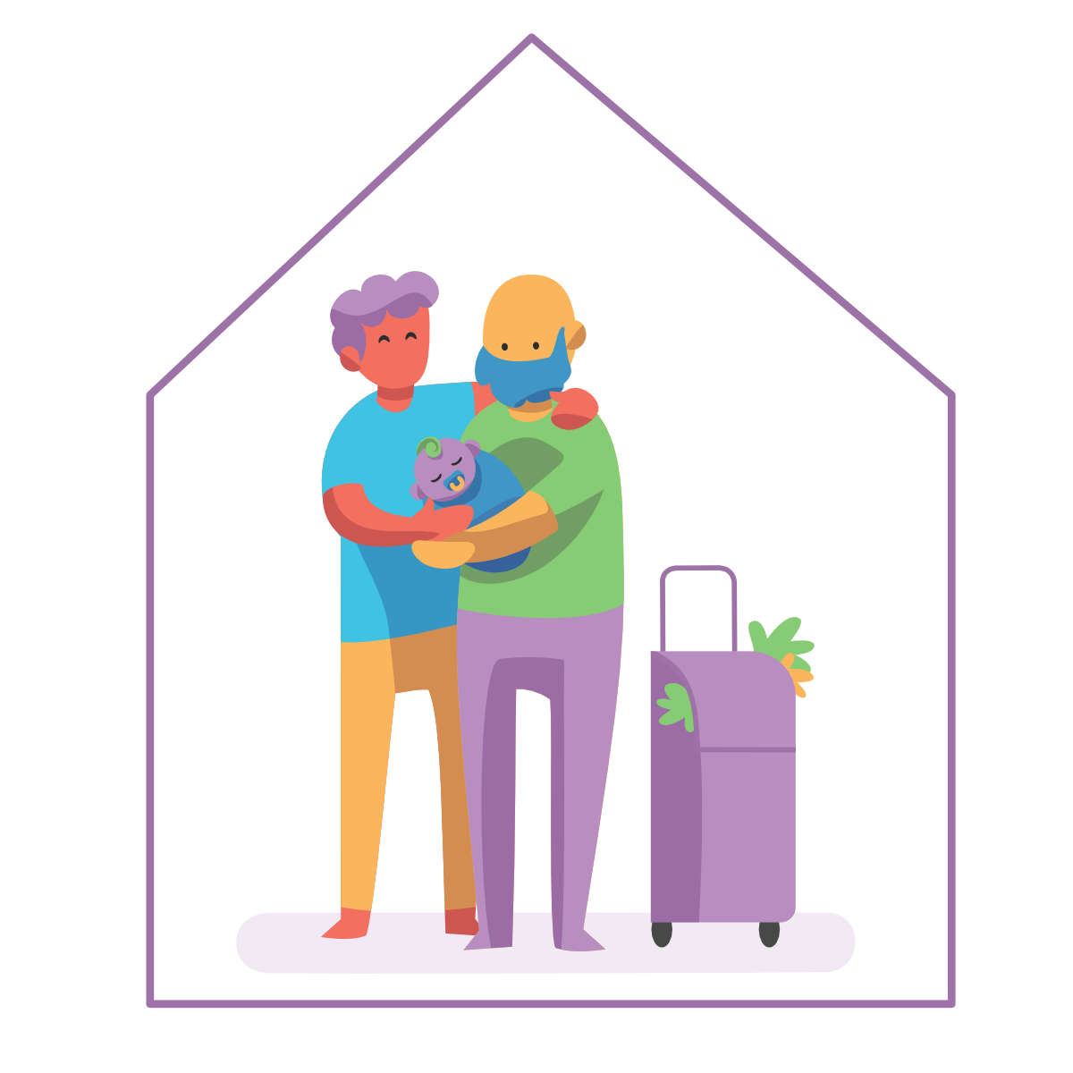 Dibujo de una familia que sostiene un bebé y tiene un carrito de la compra del que asoman verduras. Les rodea un trazo con forma de casa.