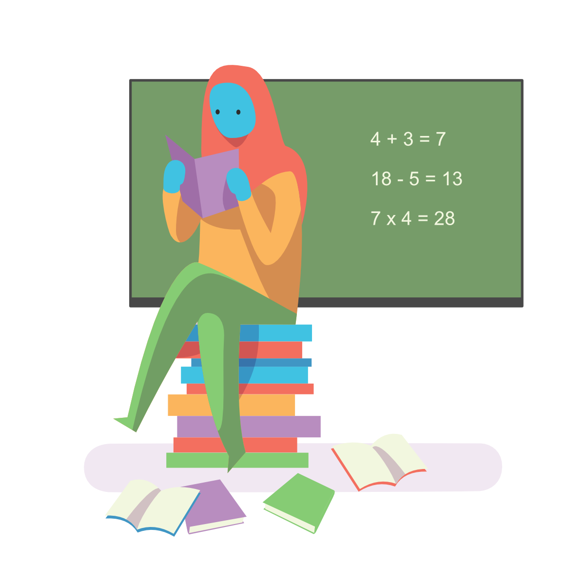 Figura de una mujer con hiyab sentada en una pila de libros, leyendo. A su espalda hay una pizarra con operaciones matemáticas.