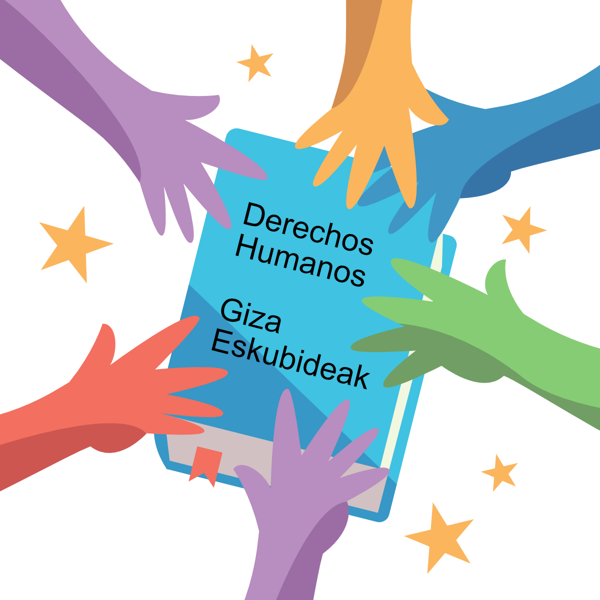 Ilustración de manos de colores acercándose a un libro rodeado de estrellas en donde se lee en euskera y castellano: Derechos Humanos.